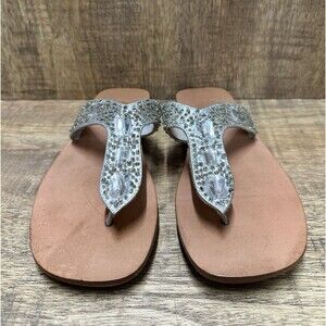 Yellow Box women size 6 silver leather thong flip flops sandals with jewels